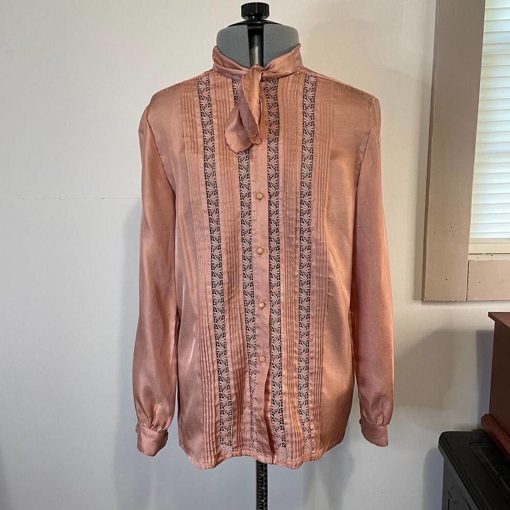Vintage 70s 80s Lepia Ferie Secretary Blouse Size Small Lace Insert Neck Tie